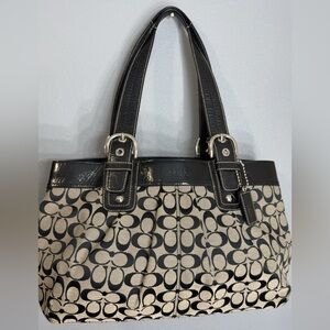 Coach Soho Pleated Signature tote bag in black and grey leather trim.